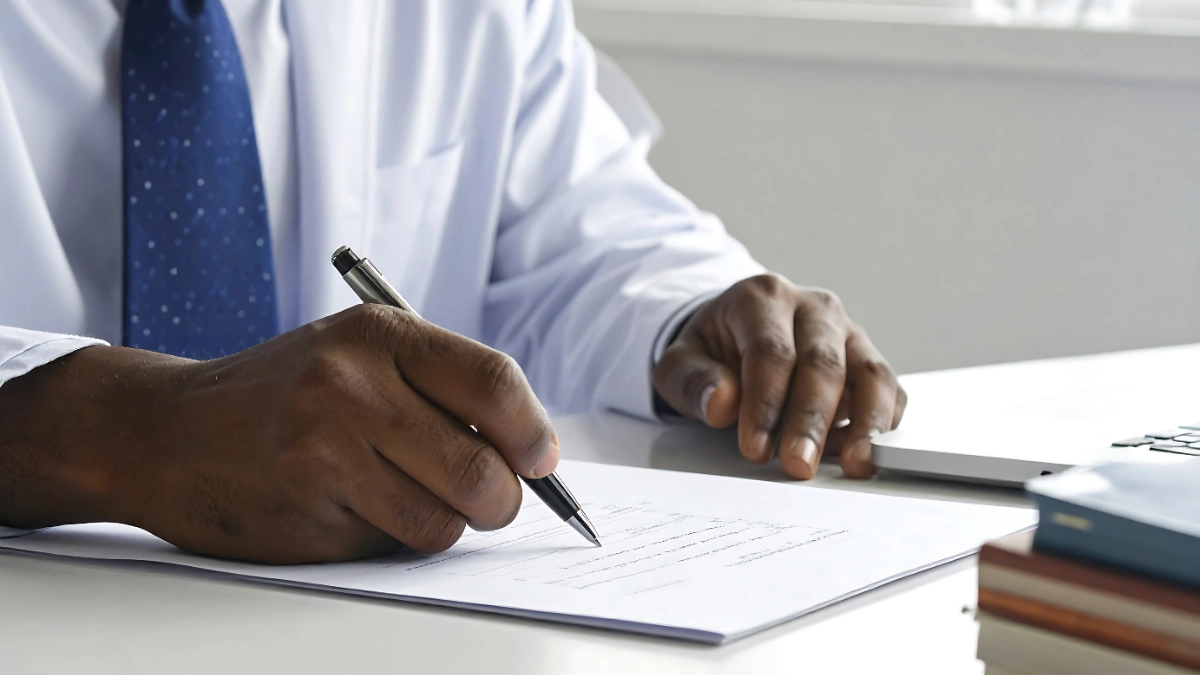 Man in white shirt and tie signing a document on the table